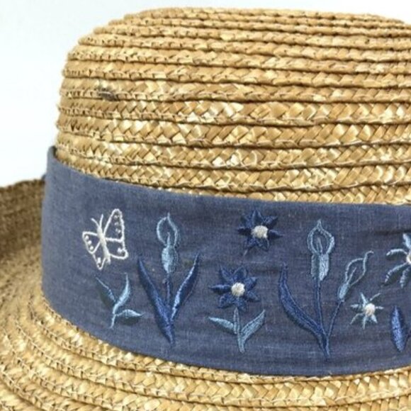 Vintage Straw Brimmed Summer Hat Floral Embroided Band main image 5